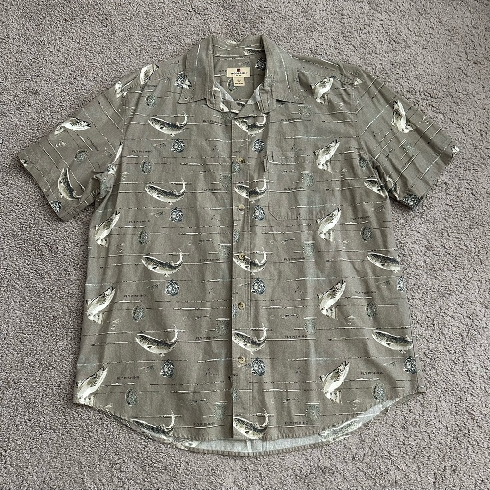 Woolrich Shirt Mens Size XL Cement Trout Pole Fly Fishing Button Up